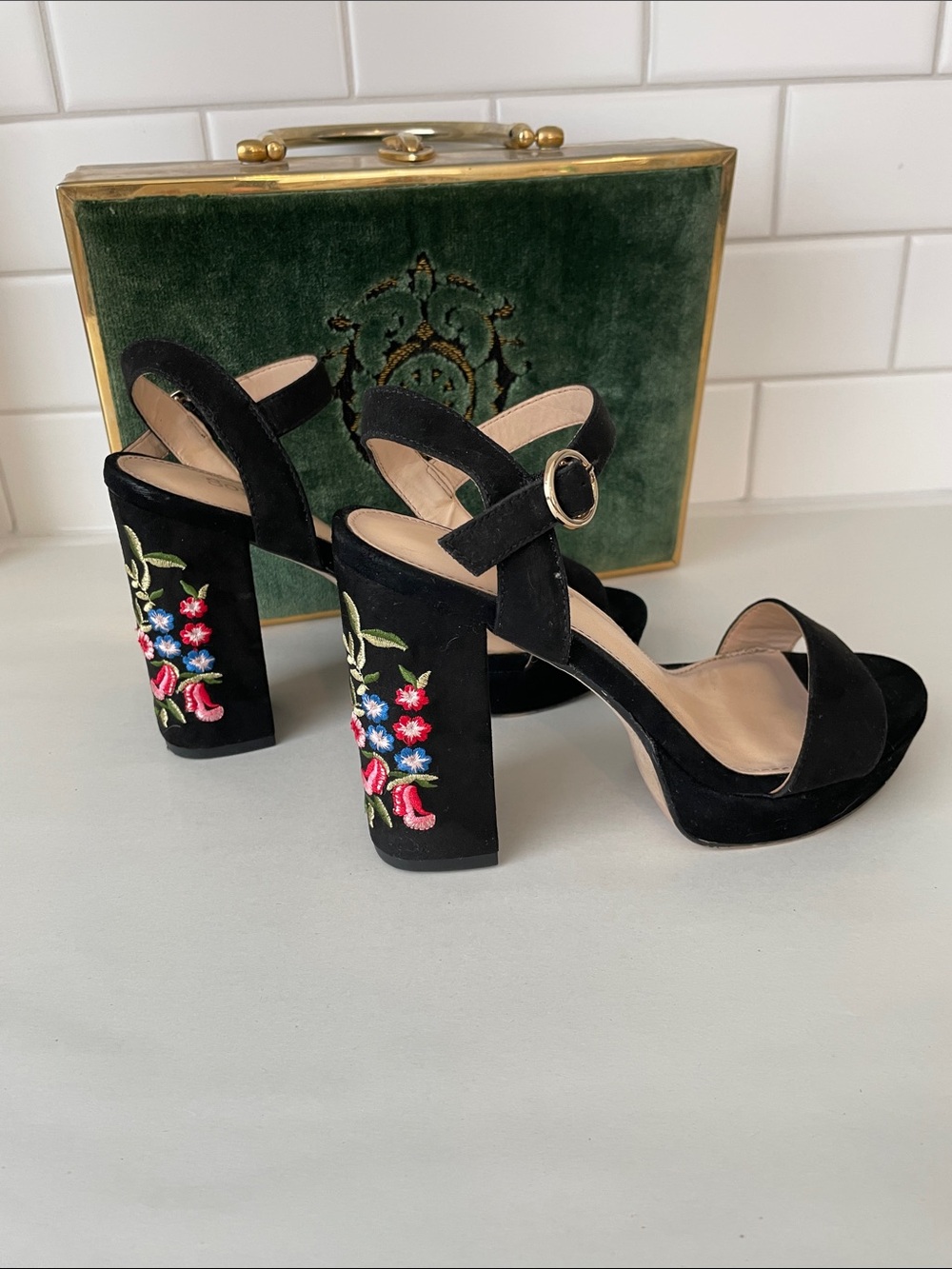 Sophie17 Black Velvet Block Heel Sandals with Floral Embroidery